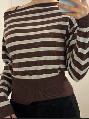 Princess Polly Brown and Cream Striped Off-Shoulder Sweater
